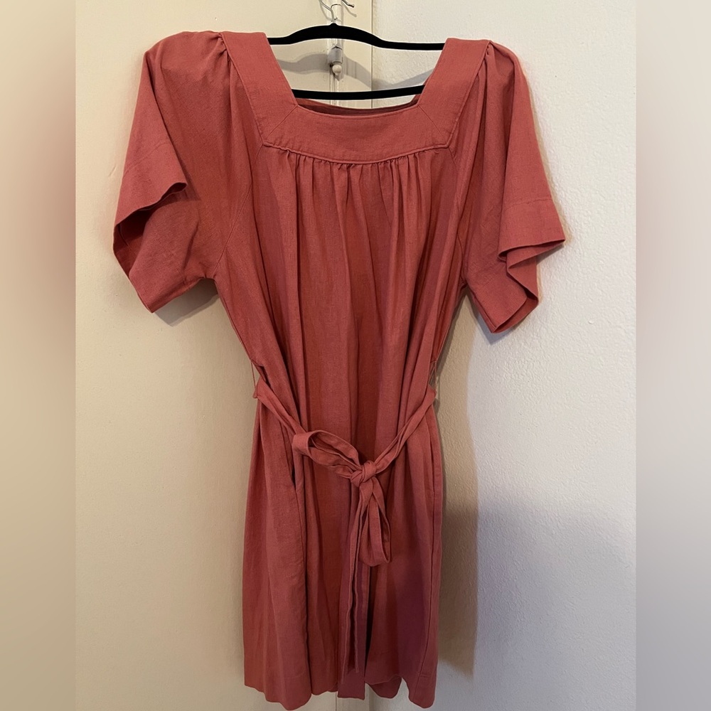 Gap square neck short sleeve linen dress with pockets in dusty rose